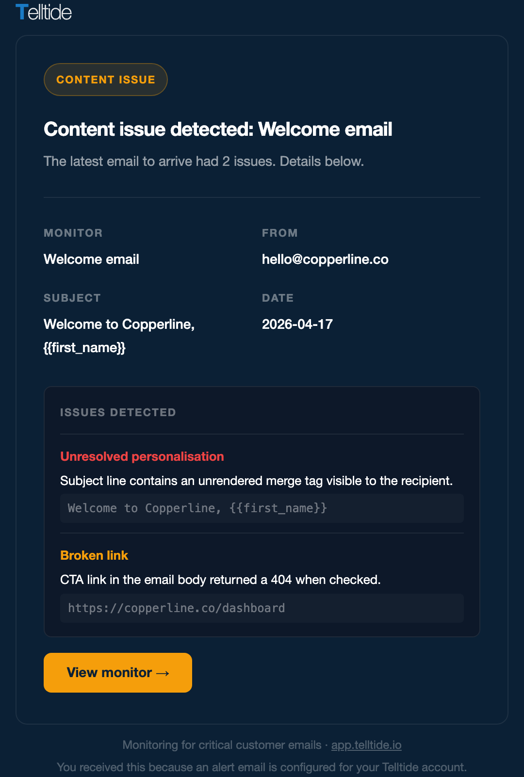 Telltide content alert for a welcome email: subject line contains an unresolved {{first_name}} merge tag visible to the recipient, and the CTA link returned a 404 when checked. Two issues detected.