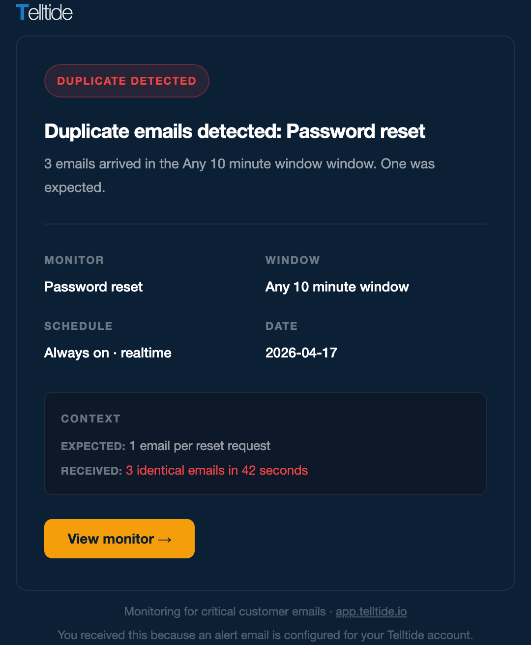 Telltide duplicate alert for password reset: three identical emails arrived inside 42 seconds when one was expected per reset request.
